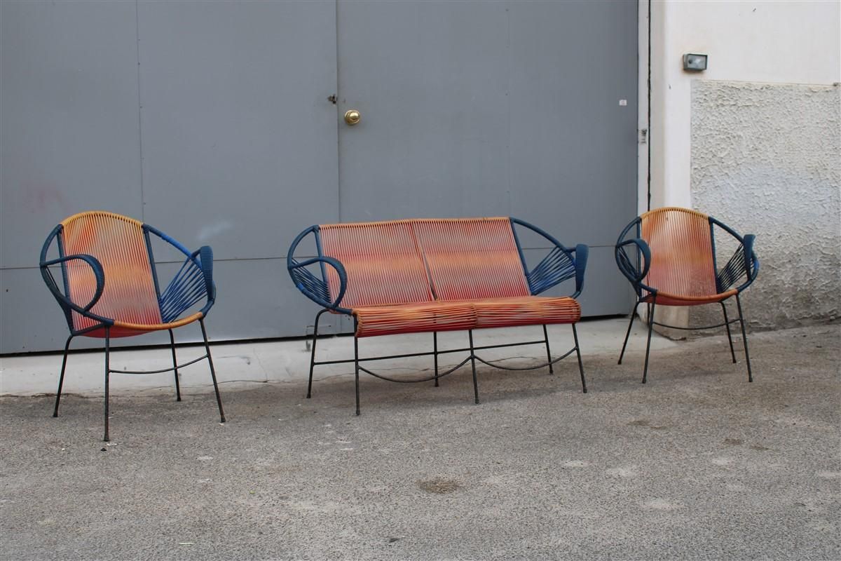 Mid Century Italian Red And Blue Metal And Plastic Sofa And Armchairs 1950 photo furniture