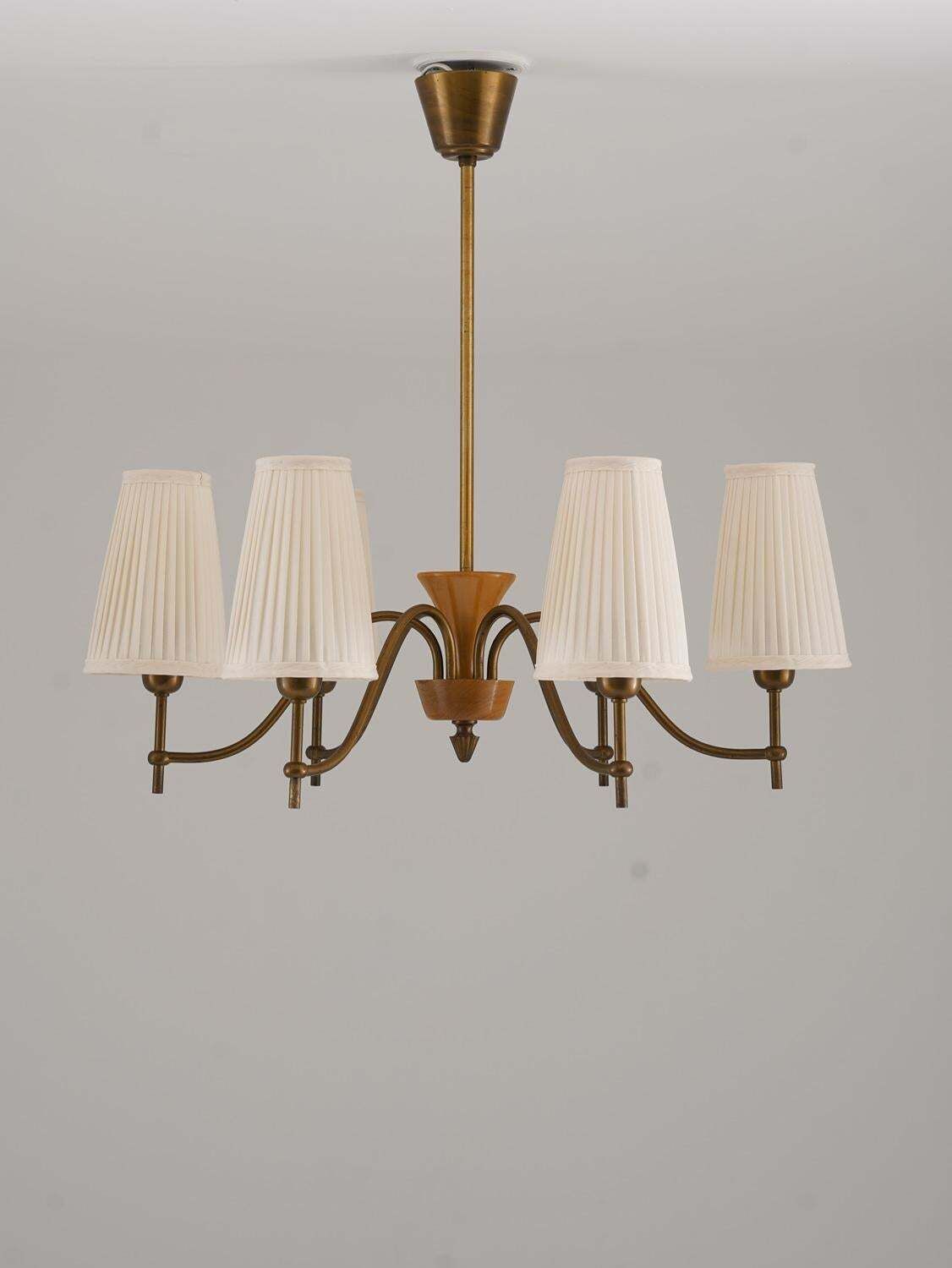 Swedish Modern Chandelier By Böhlmarks In Brass And Wood, 1940s photo furniture