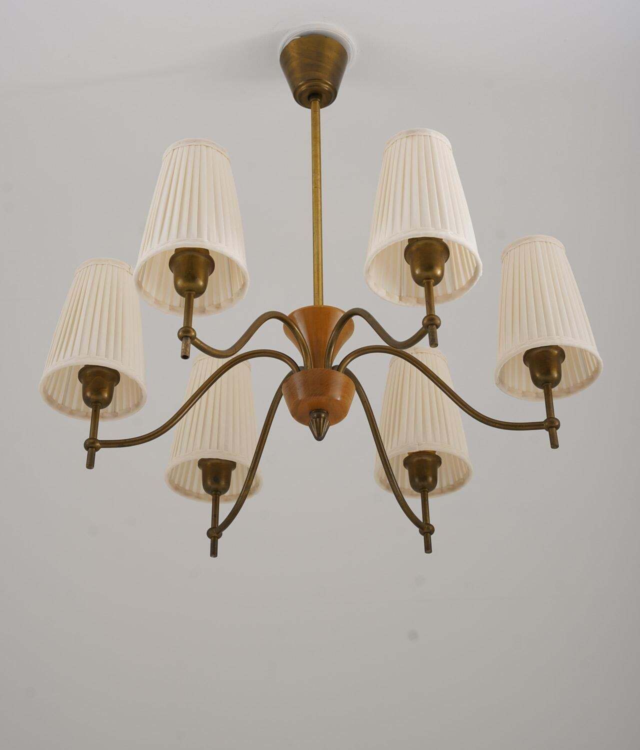 Swedish Modern Chandelier By Böhlmarks In Brass And Wood, 1940s photo Lighting
