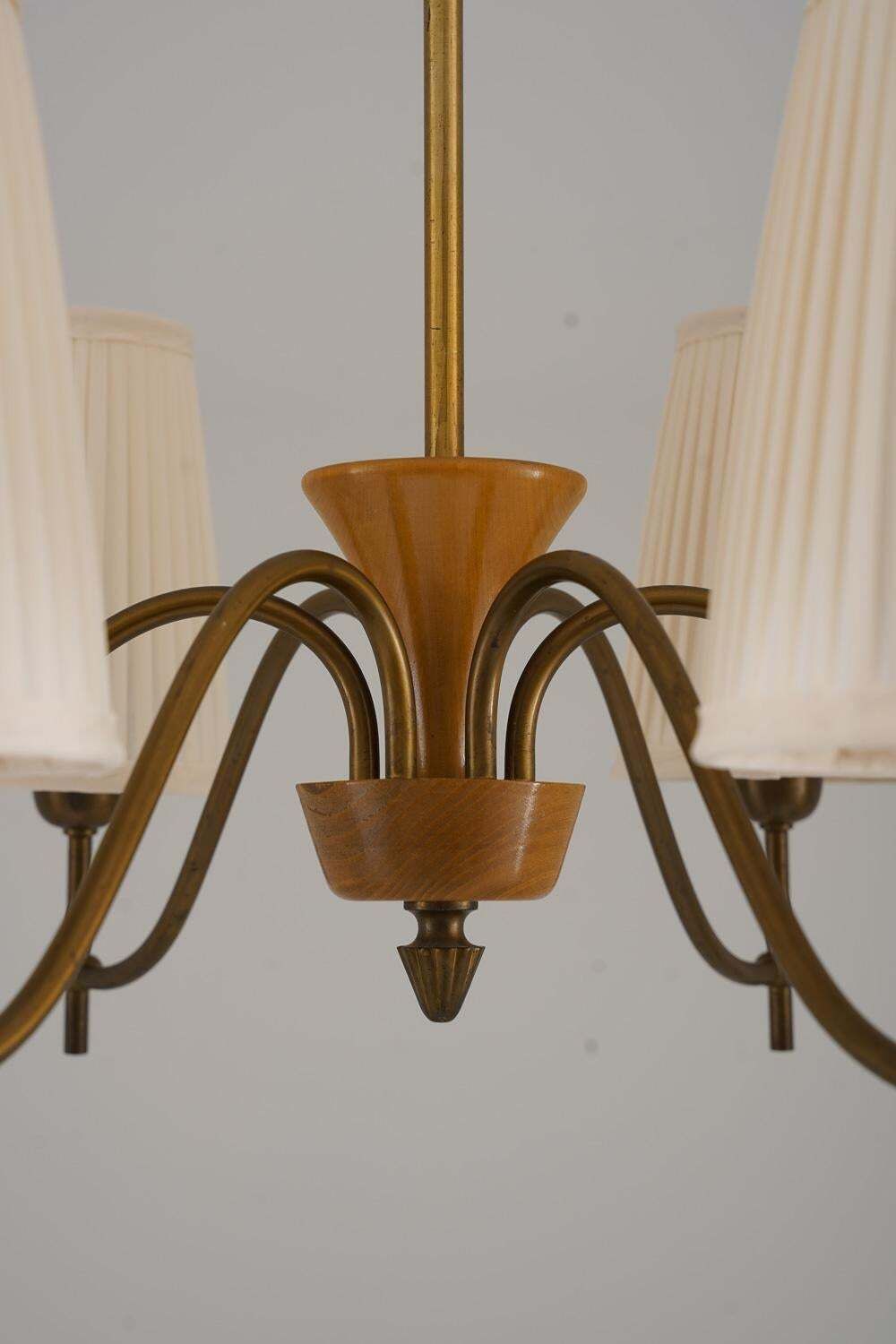 Swedish Modern Chandelier By Böhlmarks In Brass And Wood, 1940s photo vinterior