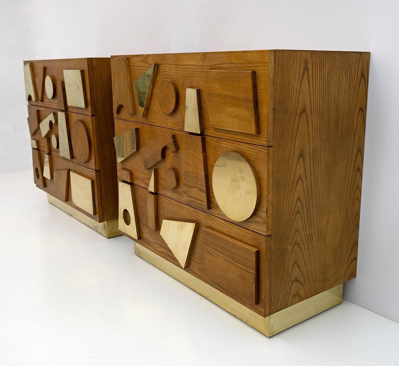 Brutalist Italian Ash Tree And Brass Chests Of Drawers, Two photo furniture