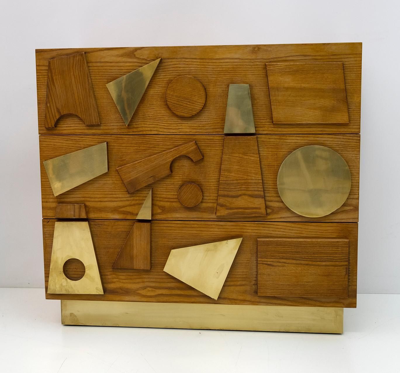 Brutalist Italian Ash Tree And Brass Chests Of Drawers, Two photo vinterior