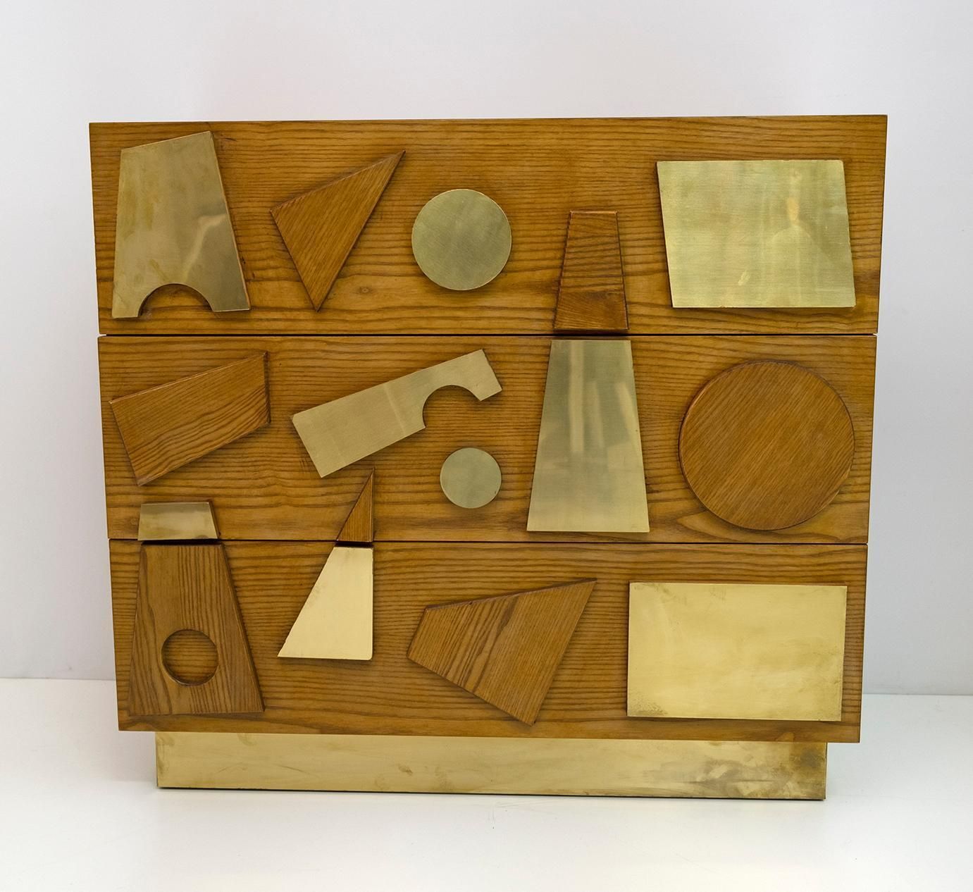 Brutalist Italian Ash Tree And Brass Chests Of Drawers, Two photo buy