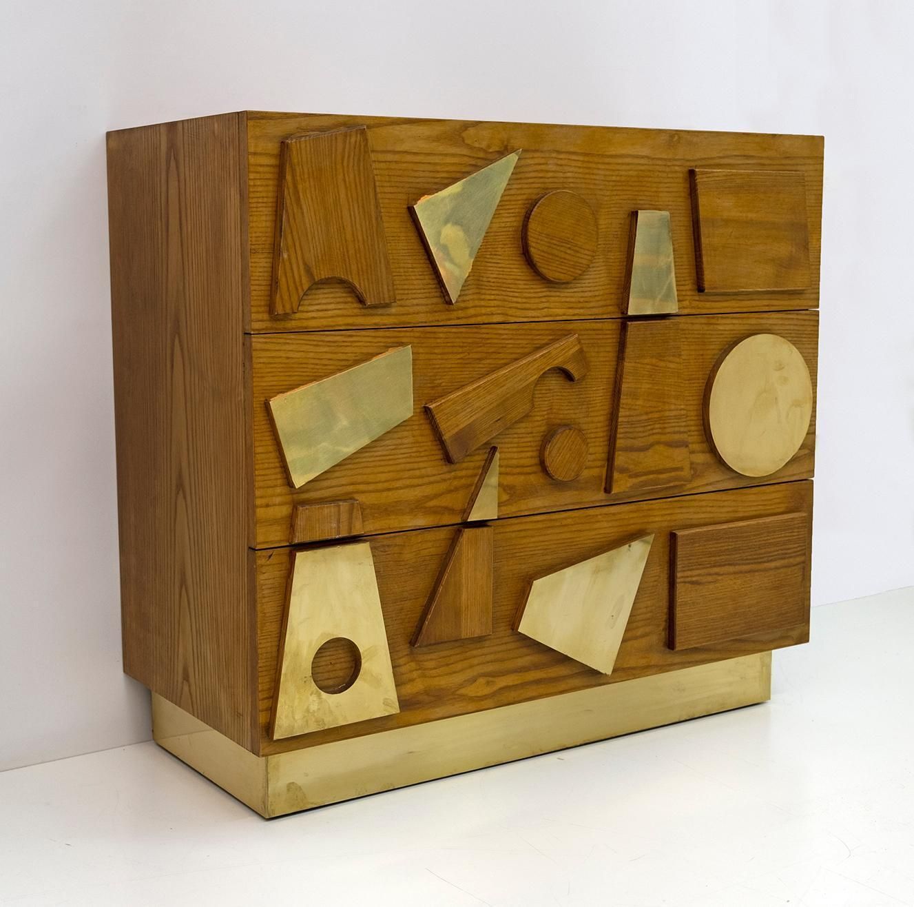 Brutalist Italian Ash Tree And Brass Chests Of Drawers, Two photo vintage