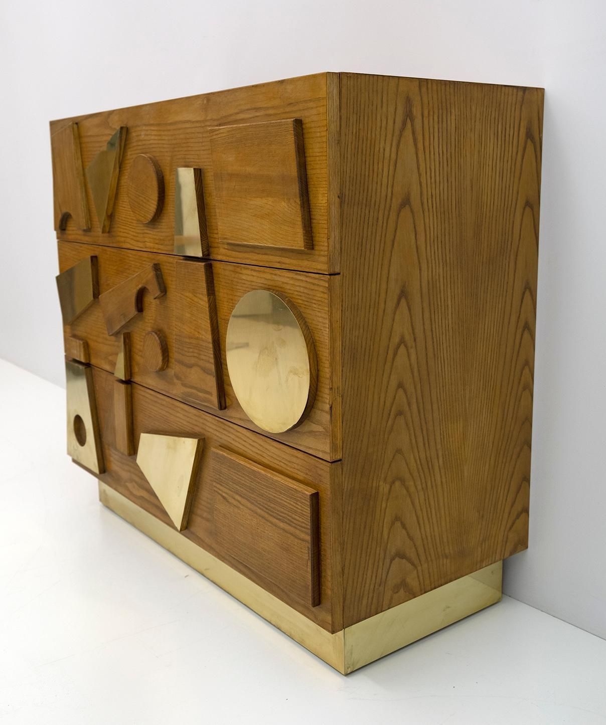 photo furniture Brutalist Italian Ash Tree And Brass Chests Of Drawers, Two