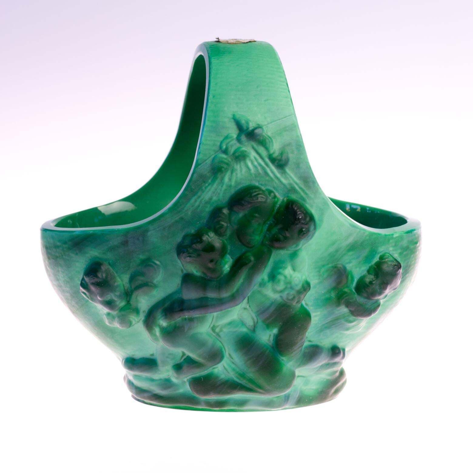 Original Art Deco Schlevogt Ingrid Malachite Green Glass Basket, 1930s photo furniture