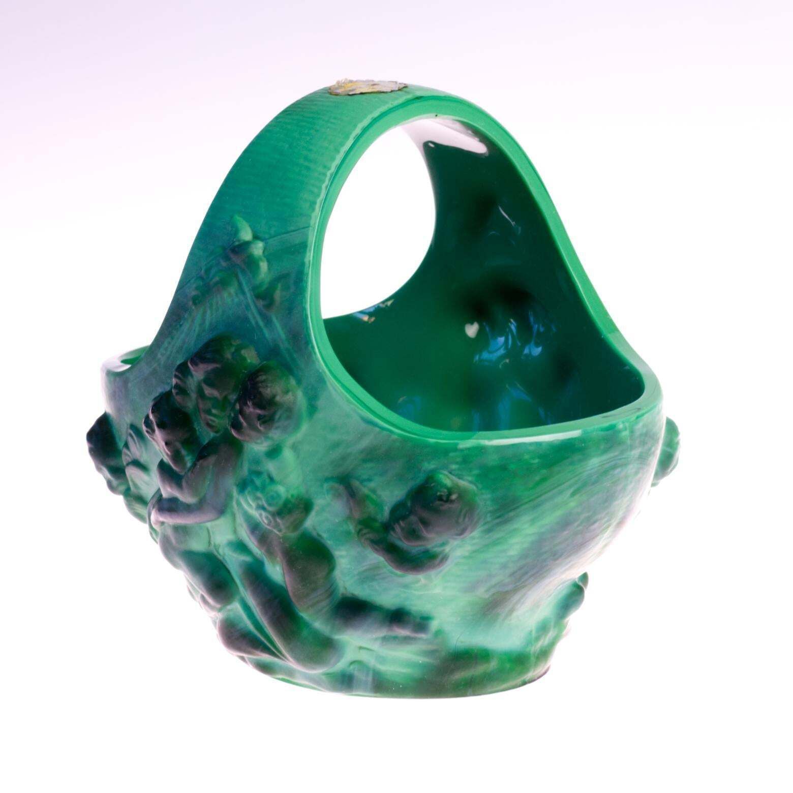 Original Art Deco Schlevogt Ingrid Malachite Green Glass Basket, 1930s photo Home Decor