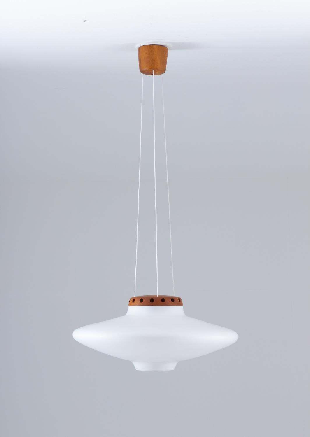 Swedish Midcentury Pendant In Oak And Opaline Glass By Luxus photo for sale