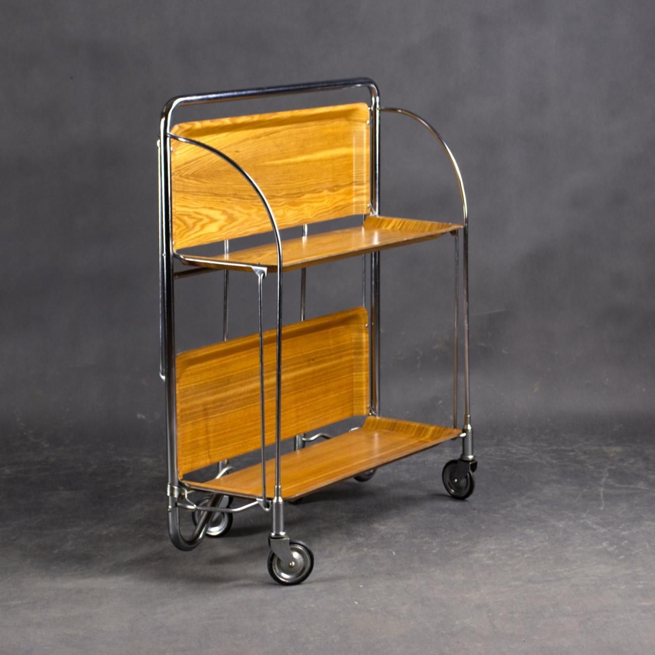 Mid Century Modern Folding Tea / Bar Cart In Chrome And Molded Plywood photo for sale