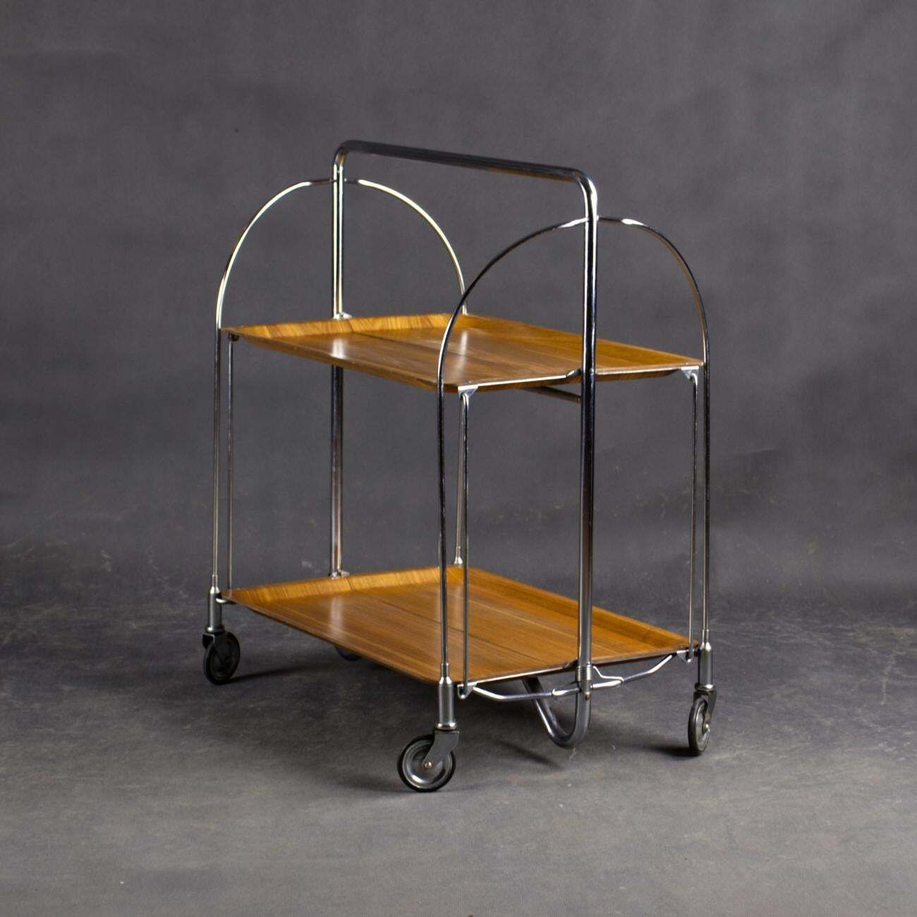 photo for sale Mid Century Modern Folding Tea / Bar Cart In Chrome And Molded Plywood