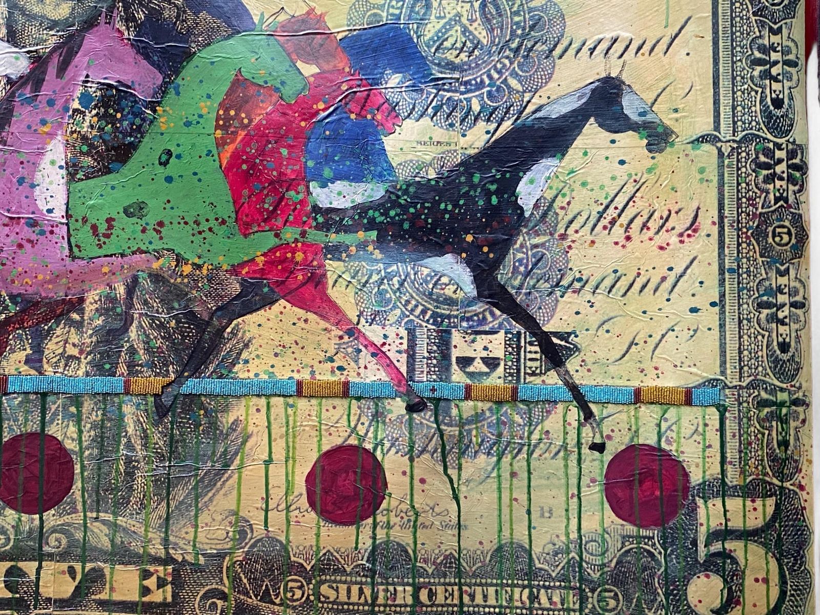 Stan Natchez (Shoshone/Paiute, B.1954) Horses And Navajos On A 5 Dollar Bill photo for sale