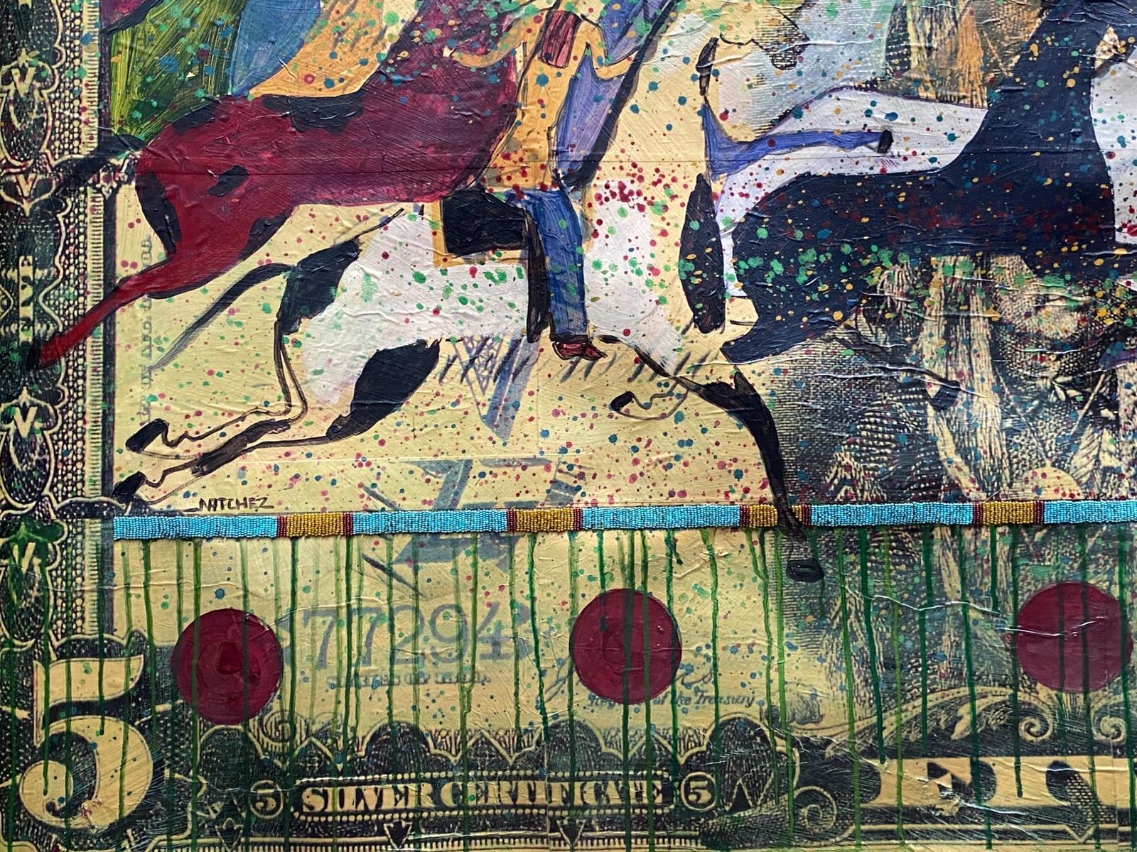 Stan Natchez (Shoshone/Paiute, B.1954) Horses And Navajos On A 5 Dollar Bill photo vinterior