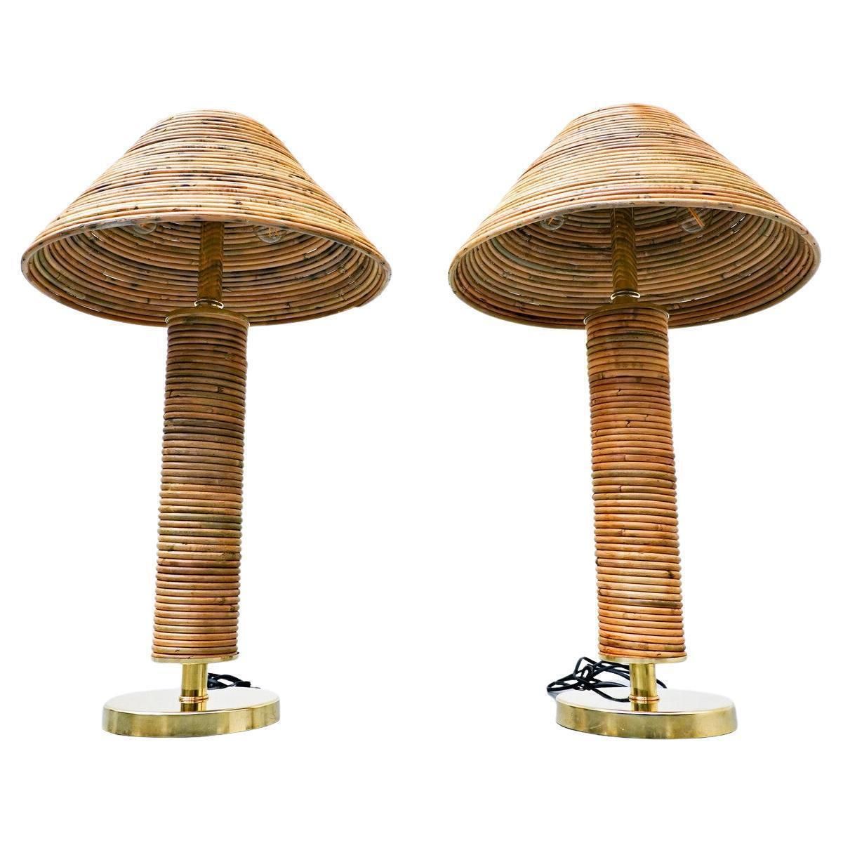 Contemporary Pair Of Brass And Bamboo Table Lamp, Italy
