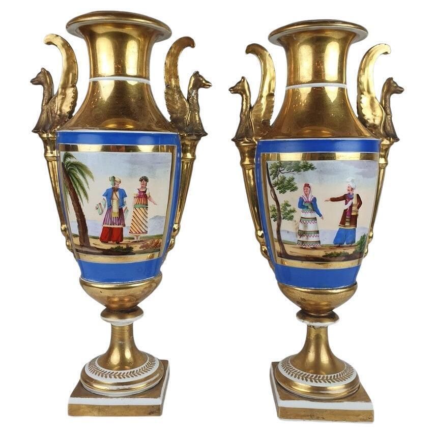 Pair Of Empire Vases In Polychrome Porcelain