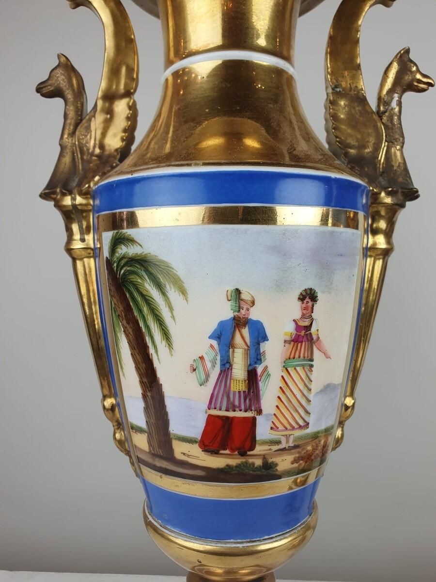 Pair Of Empire Vases In Polychrome Porcelain photo for sale