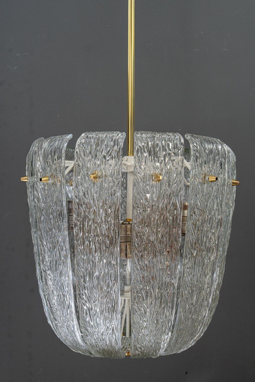 Modern Mid Century Chandelier With Brass And Curved Textured Glass By J.T Kalmar photo furniture