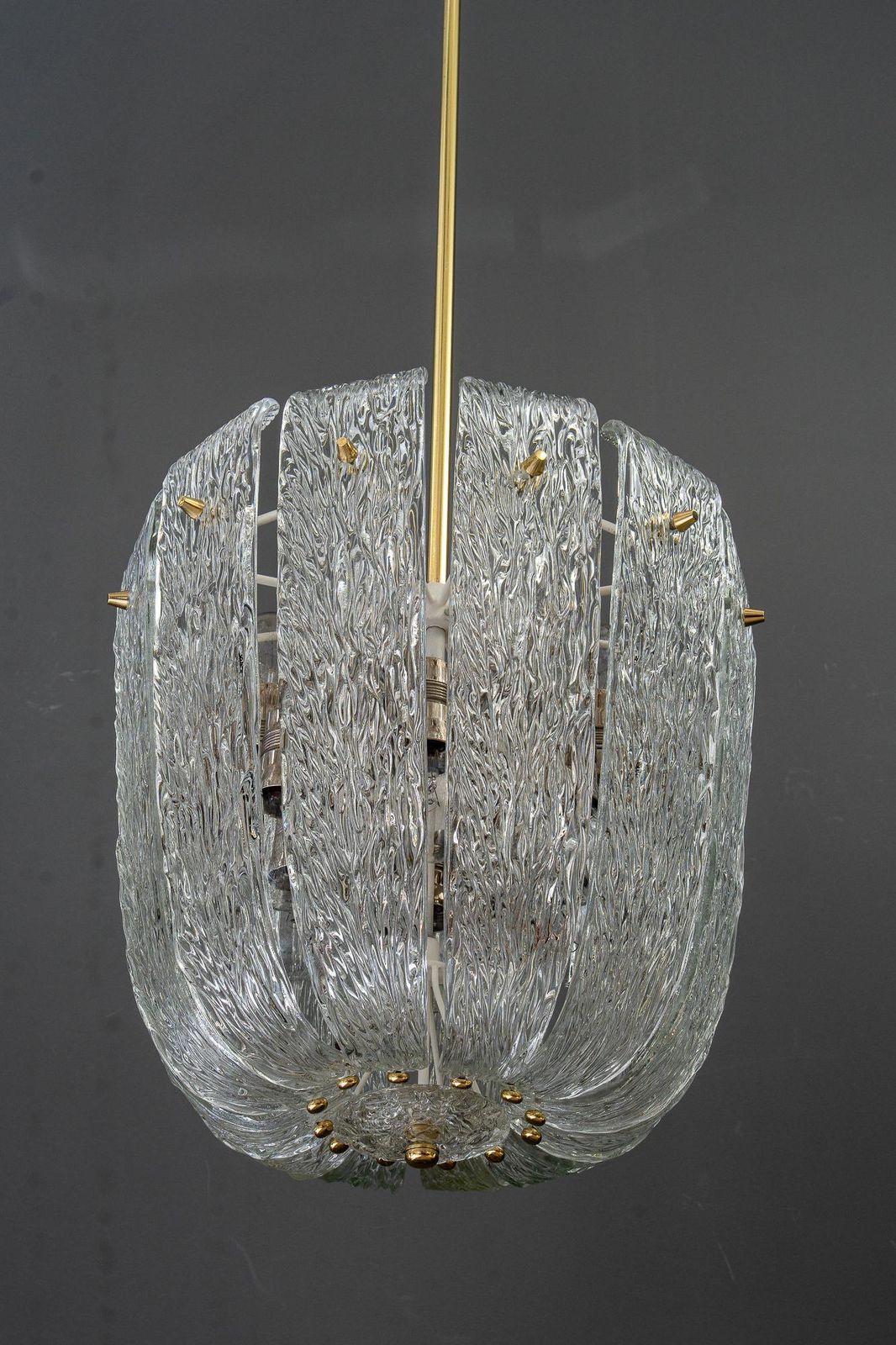 Modern Mid Century Chandelier With Brass And Curved Textured Glass By J.T Kalmar photo buy