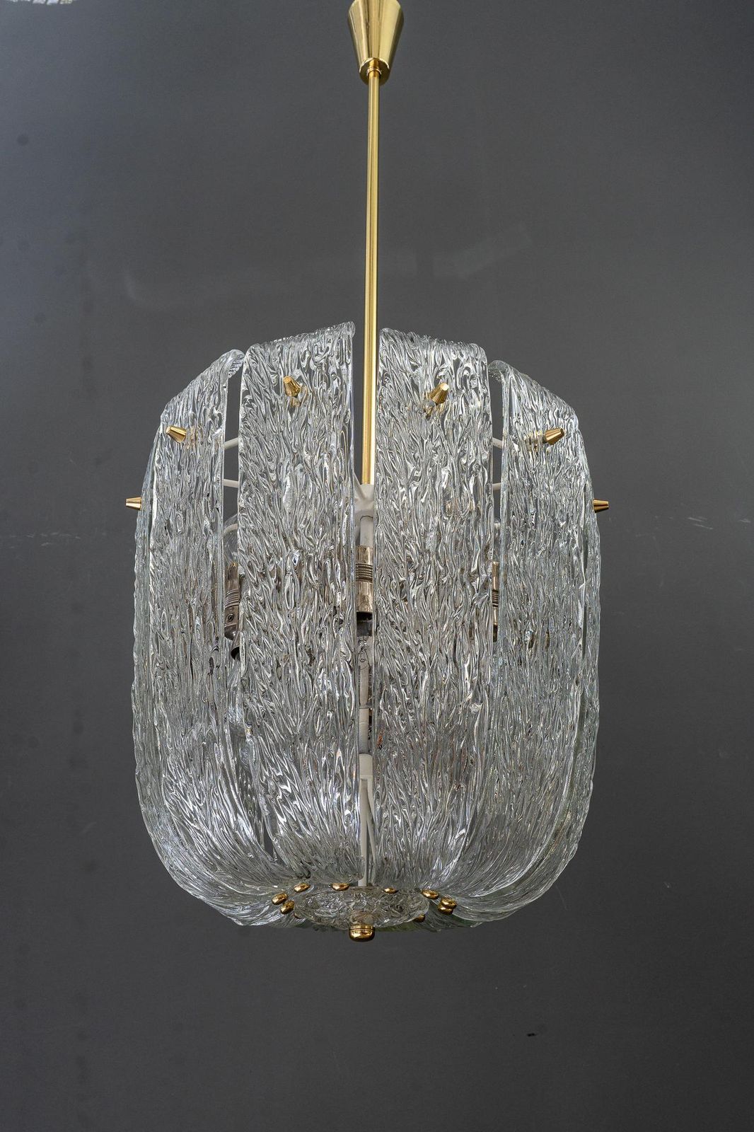 Modern Mid Century Chandelier With Brass And Curved Textured Glass By J.T Kalmar photo vintage