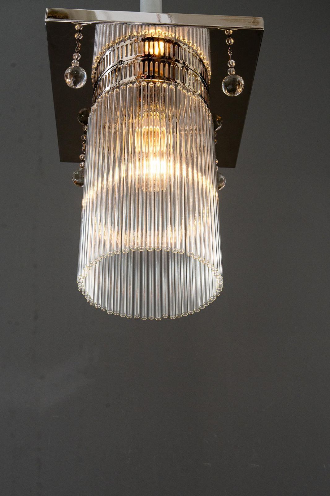 398.0 Art Deco Ceiling Lamp Nickel Plated With 4 Original Hanging Glass Parts 1920s photo