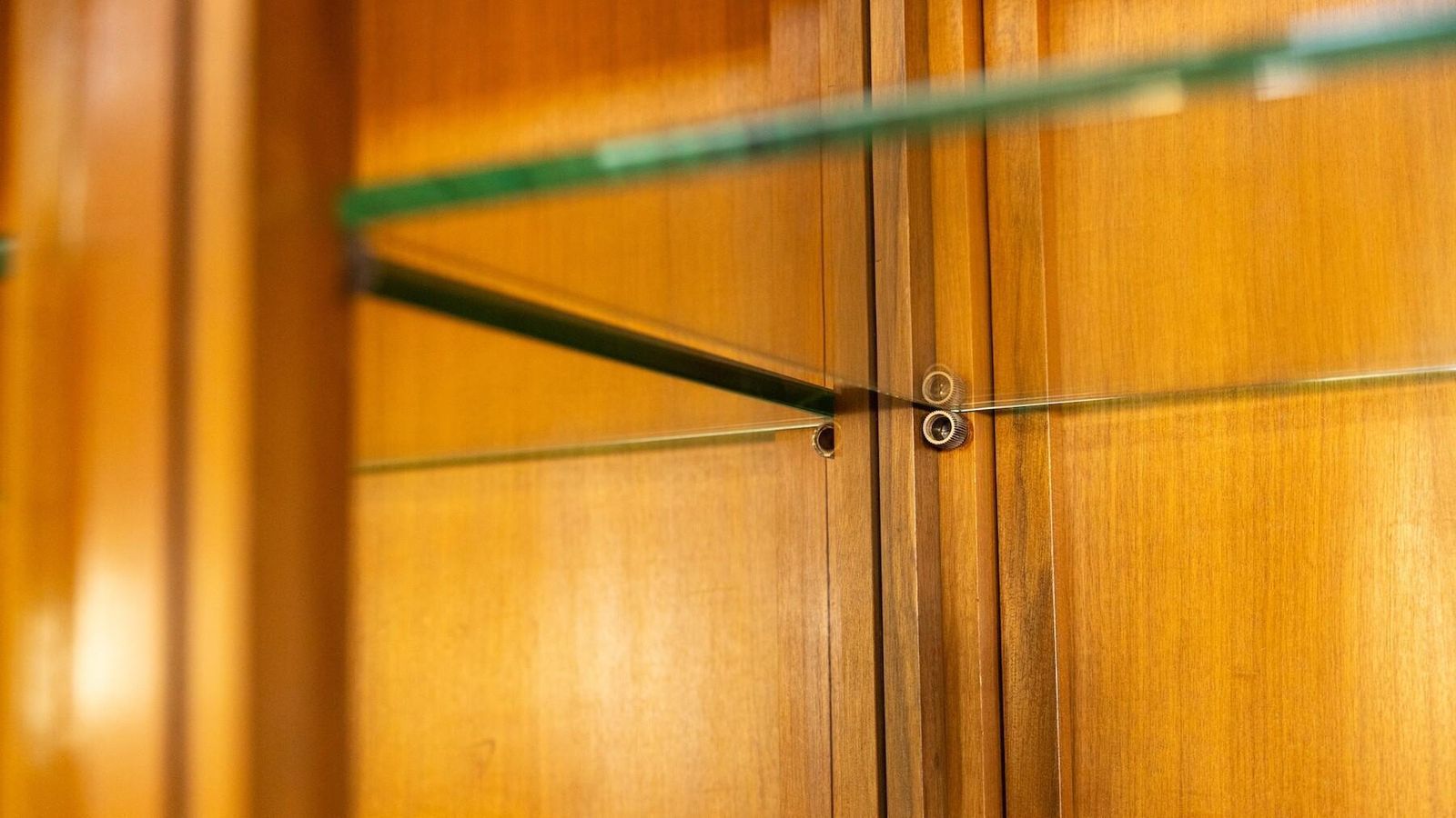 photo vintage Mid Century Modern Shelves, Wood And Glass