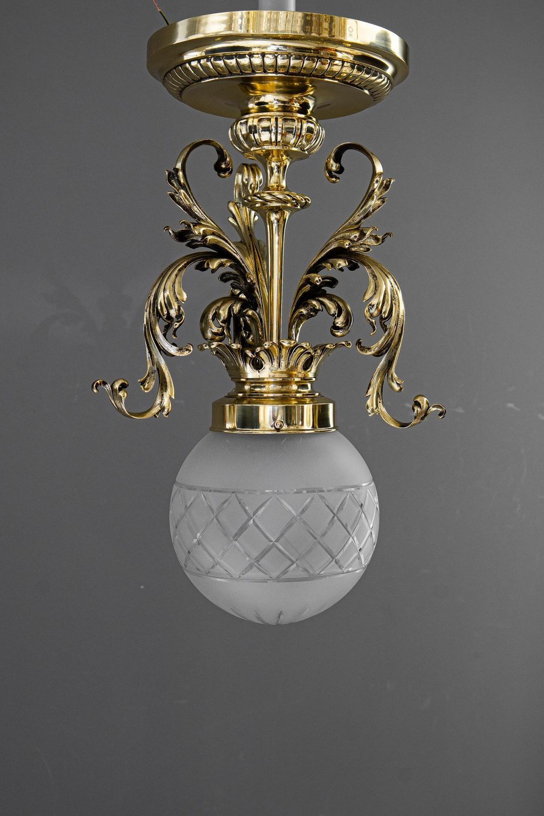 Historistic Ceiling Lamp With Original Antique Glass Shade Vienna Around 1890s photo buy
