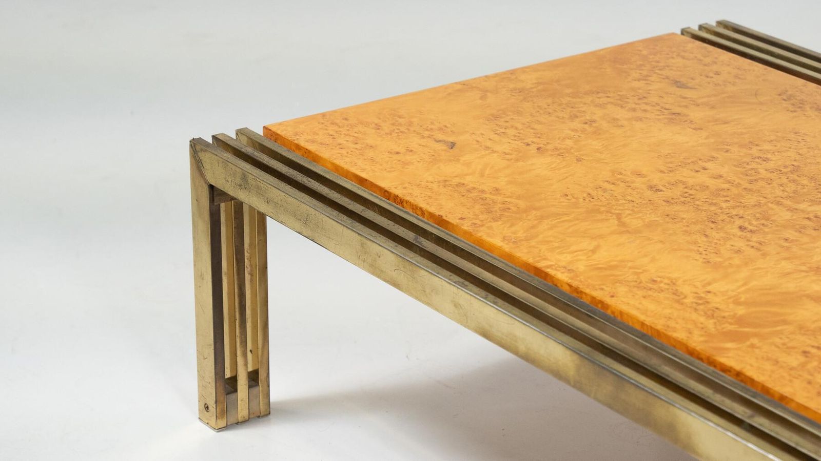 Mid Century Burl Wood And Brass Coffee Table photo furniture