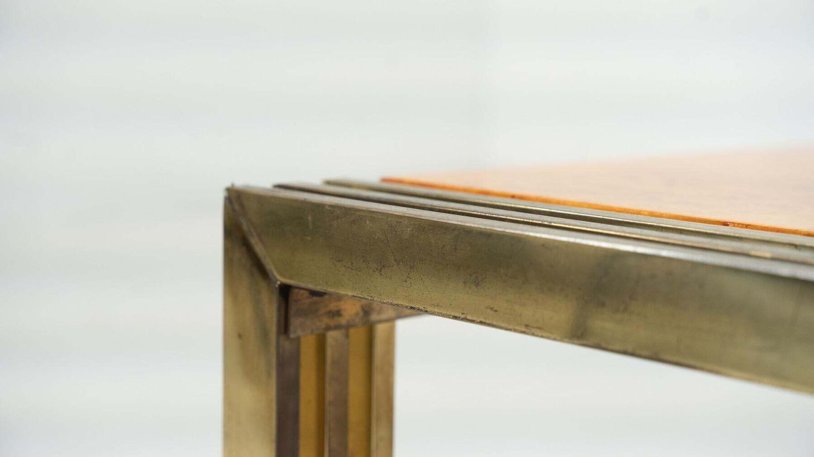 Furniture Mid Century Burl Wood And Brass Coffee Table photo