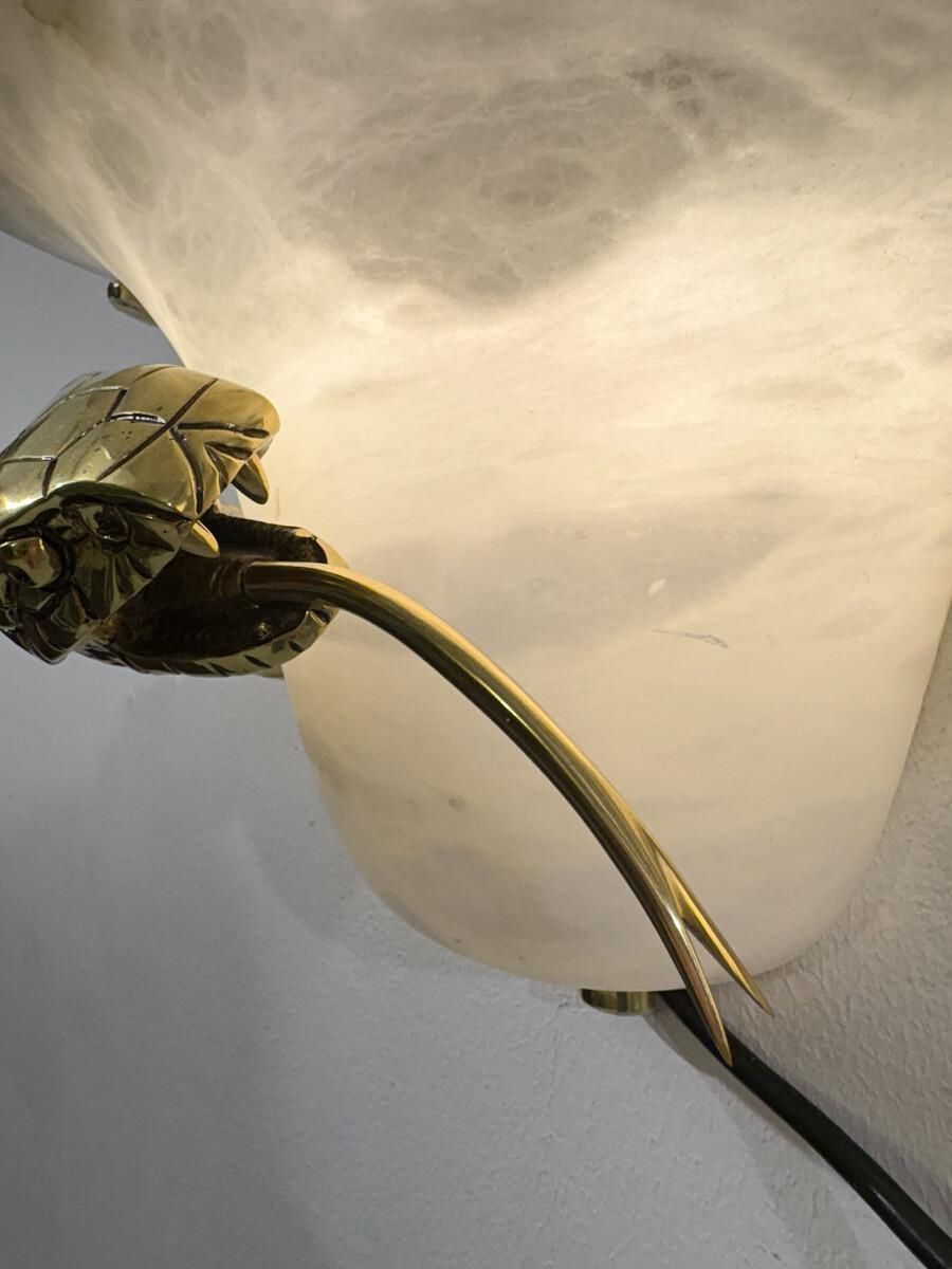 Mid Century Pair Of Snake Wall Lights, Brass And Alabaster, Italy, 1970s photo vinterior