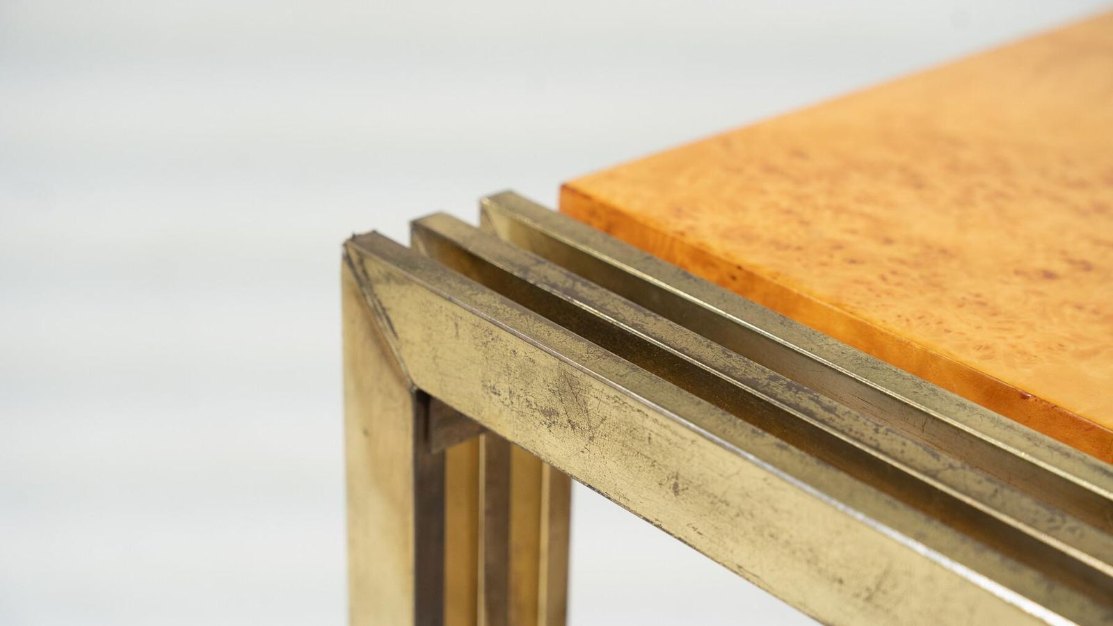 1514.0 Mid Century Burl Wood And Brass Coffee Table photo