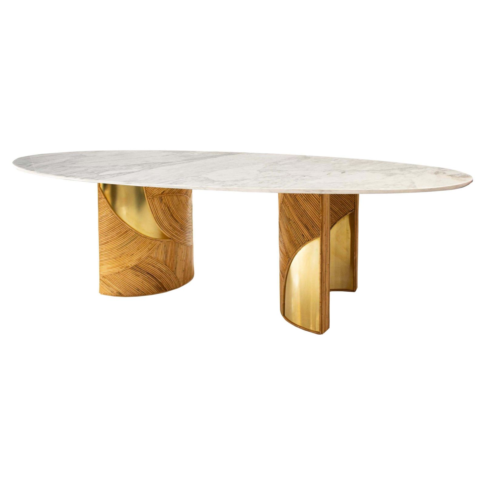 French Oval Dining Table With Carrara Marble Top And Bamboo Brass Bases