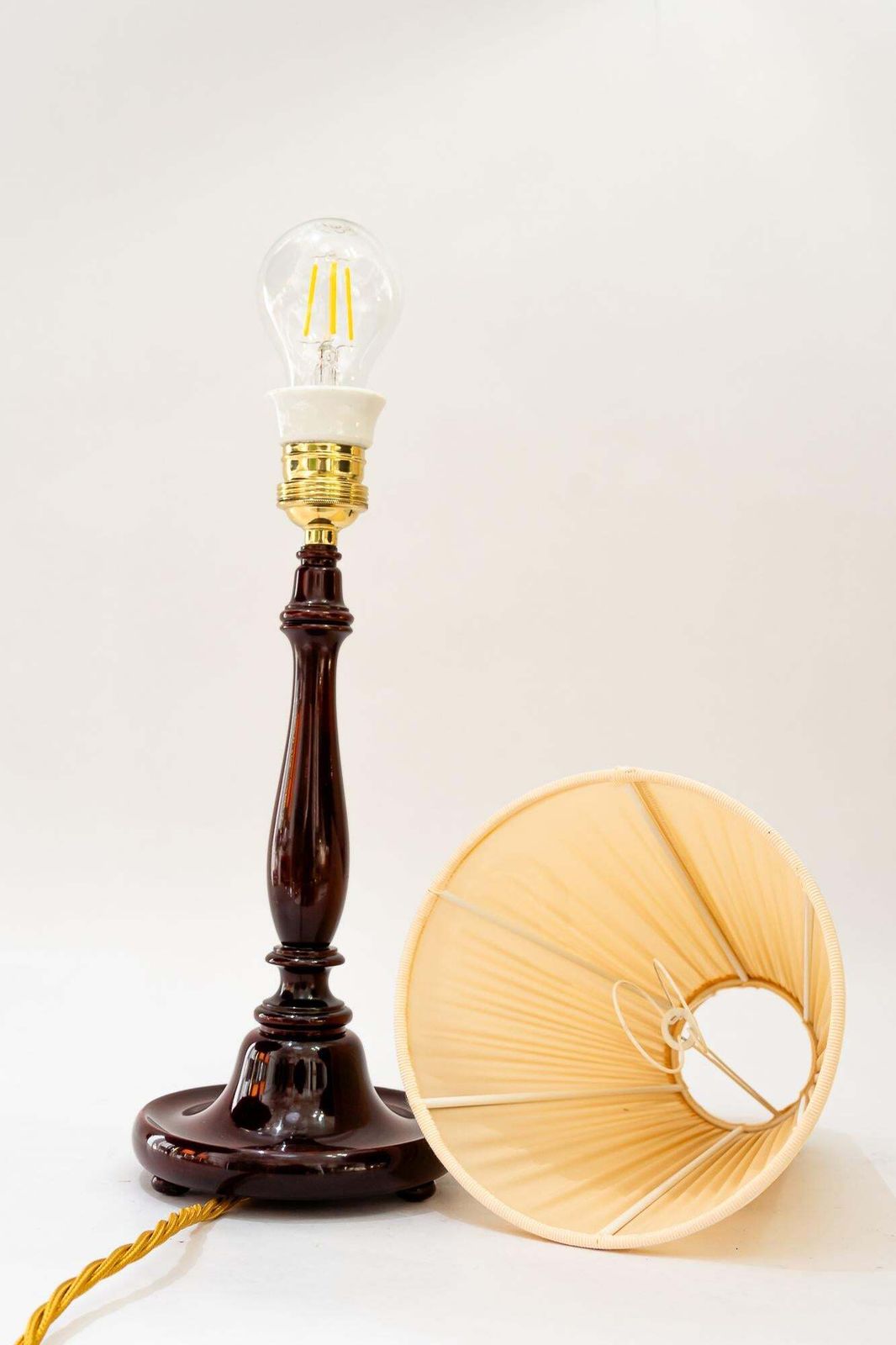 photo buy Art Deco Wood Table Lamp With Fabric Shade Vienna Around 1920s