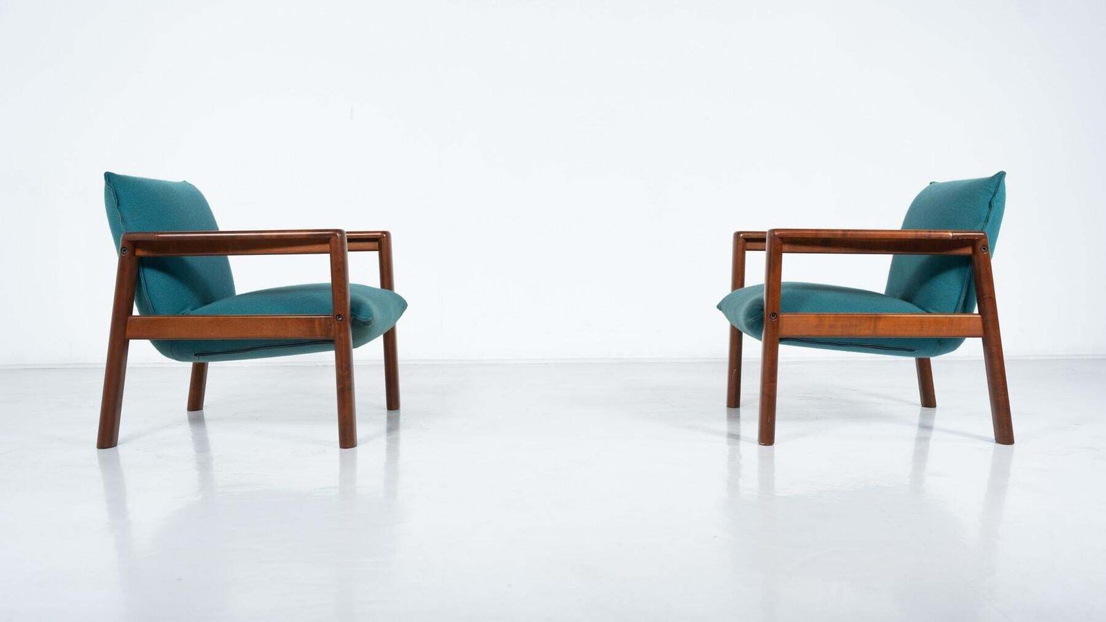 photo furniture Mid Century Modern Pair Of Armchairs, Blue Fabric And Wood, Italy, 1960s