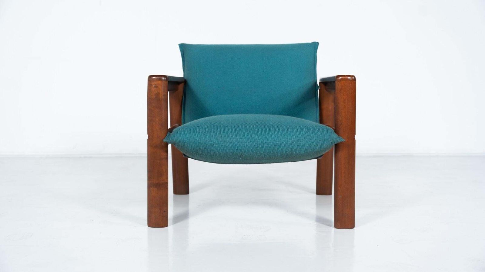 photo for sale Mid Century Modern Pair Of Armchairs, Blue Fabric And Wood, Italy, 1960s