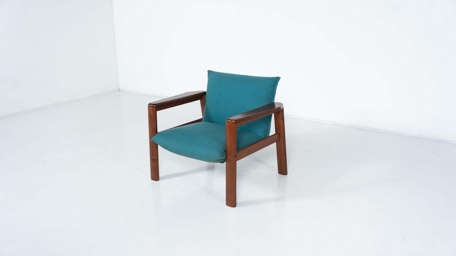 Furniture Mid Century Modern Pair Of Armchairs, Blue Fabric And Wood, Italy, 1960s photo