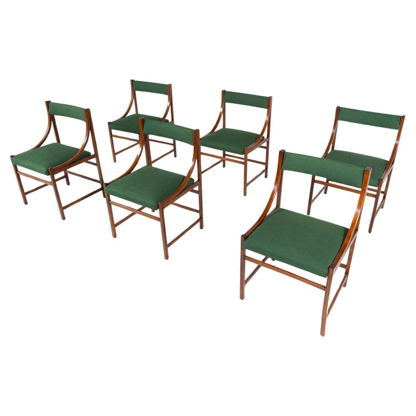 Mid Century Modern Set Of 6 Armchairs, Wood And Fabric, Italy, 1960s