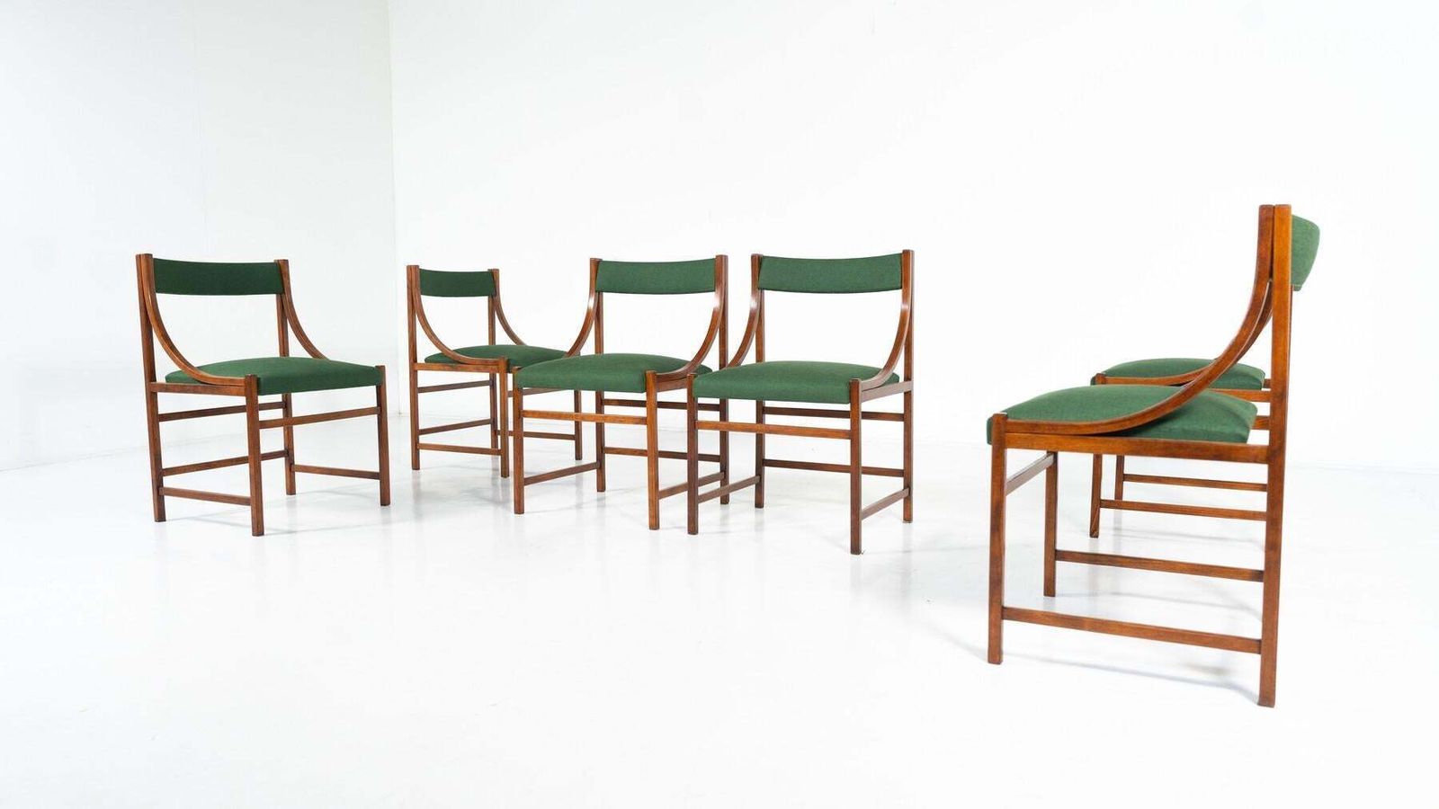 photo furniture Mid Century Modern Set Of 6 Armchairs, Wood And Fabric, Italy, 1960s