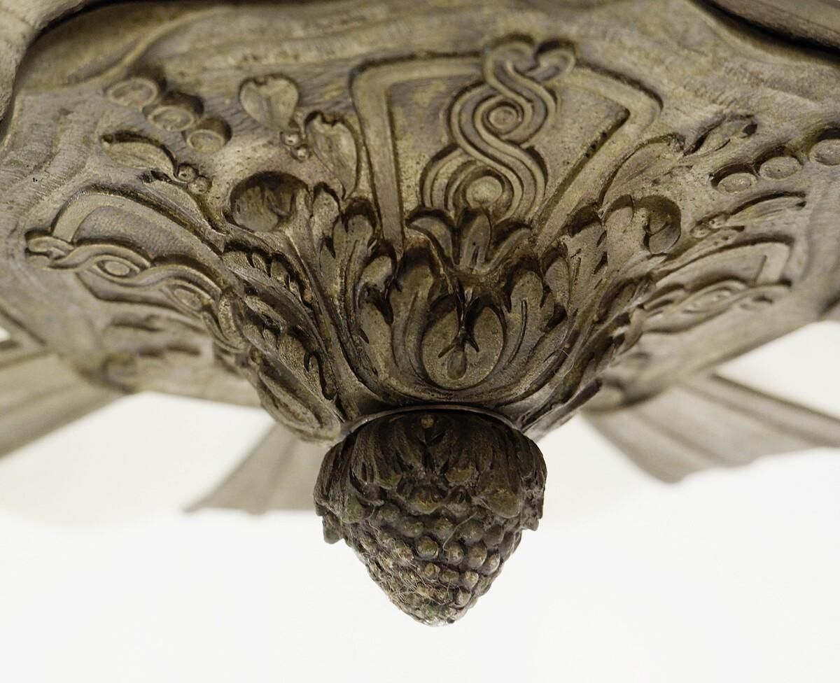 French Art Deco Frosted Glass And Bronze Pendant Chandelier, 1920s photo Lighting