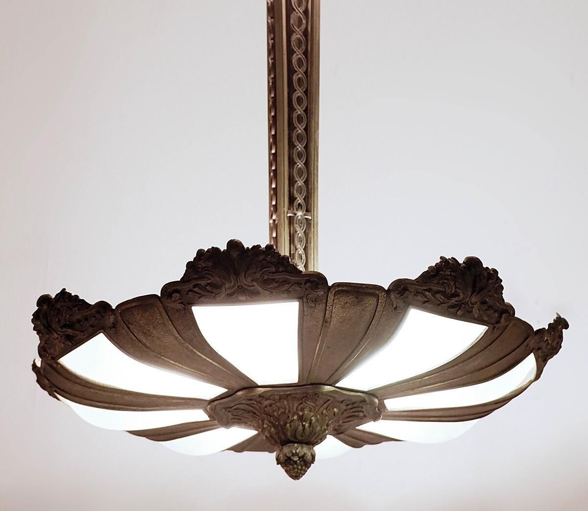 French Art Deco Frosted Glass And Bronze Pendant Chandelier, 1920s photo vinterior