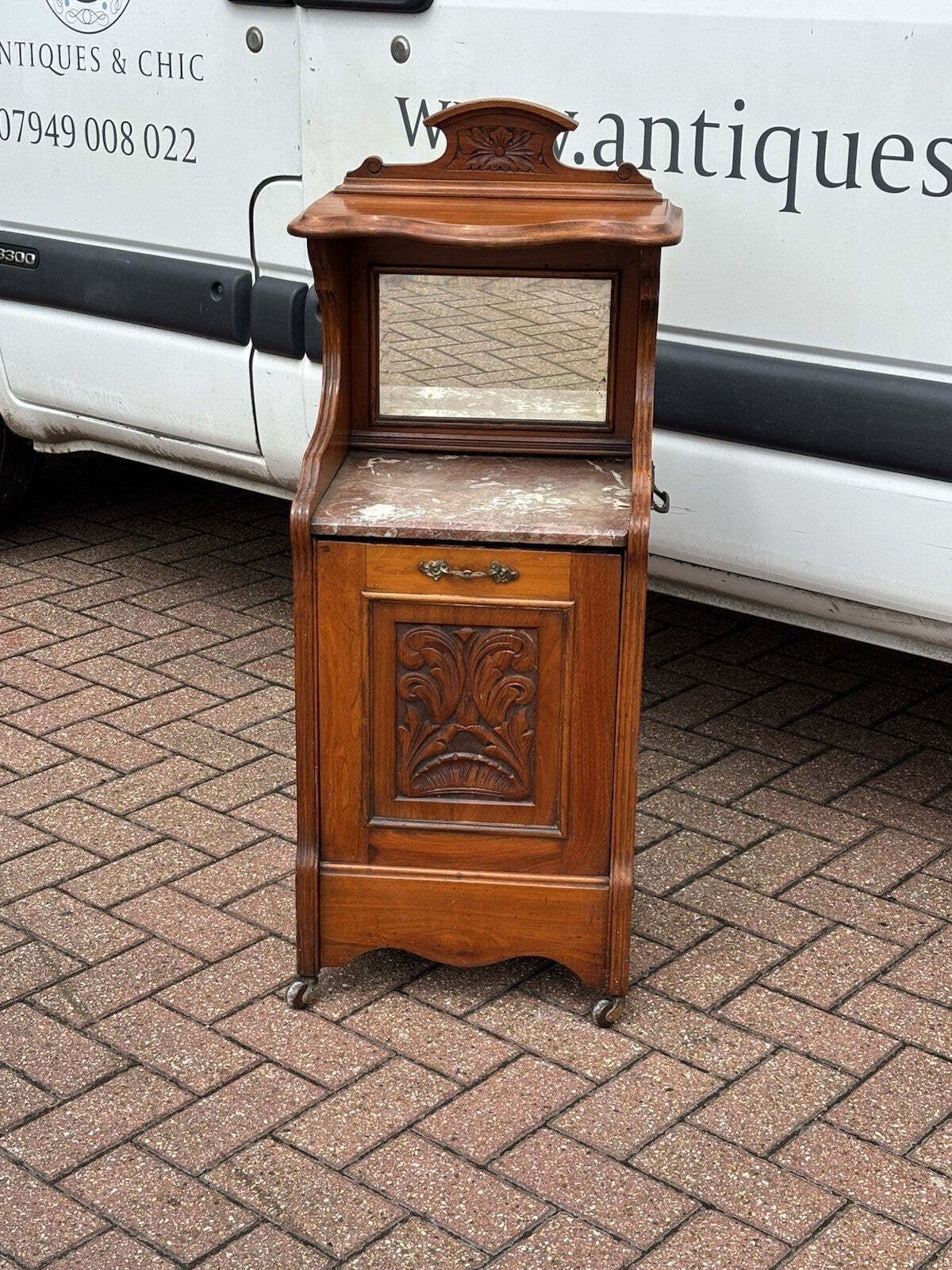 Victorian Walnut Coal / Log Cabinet / Purdonium. Marble Top On Castors. photo for sale