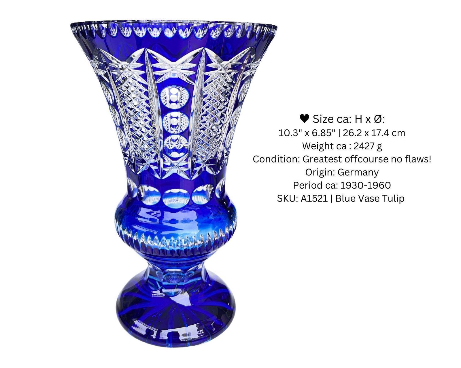 Kristallen Vaas Blauw | Voetstuk | 1 Stuk | Geslepen Kristal | Uitlopende Rand photo vinterior