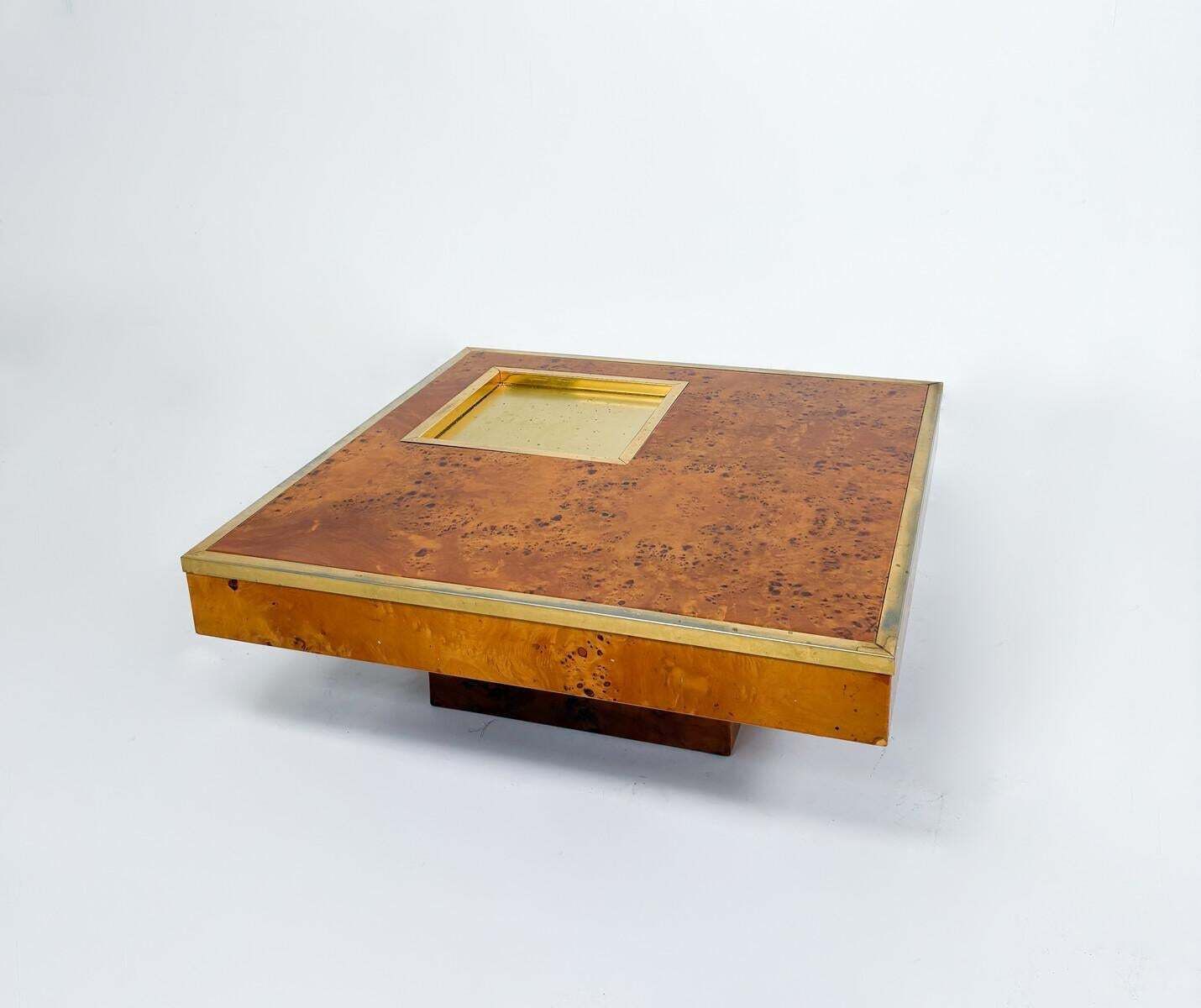Mid Century Modern Coffee Table, Burl Wood And Brass, 1970s photo vintage
