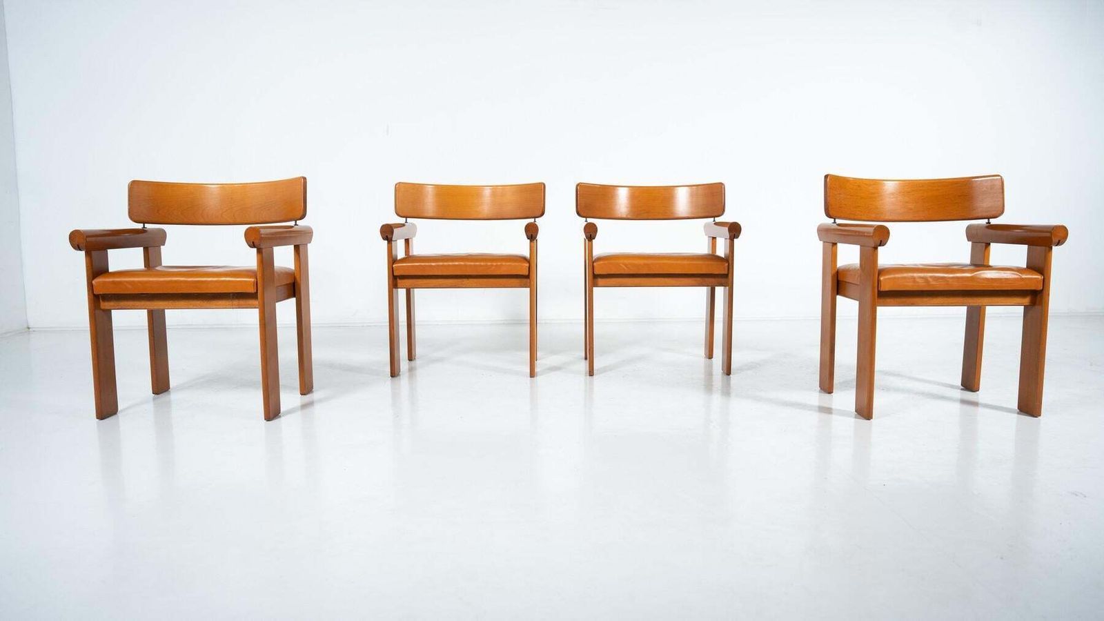 Furniture Set Of 4 Architectural Armchairs, Cognac Leather, Italy photo