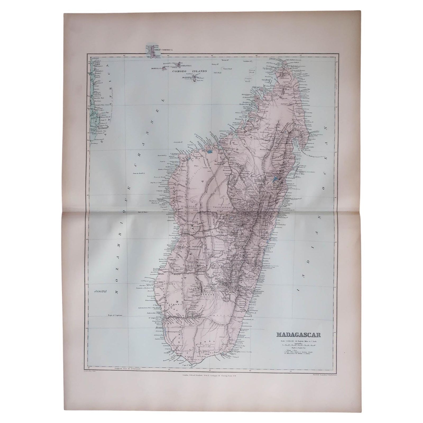 Large Original Antique Map Of Madagascar. 1894
