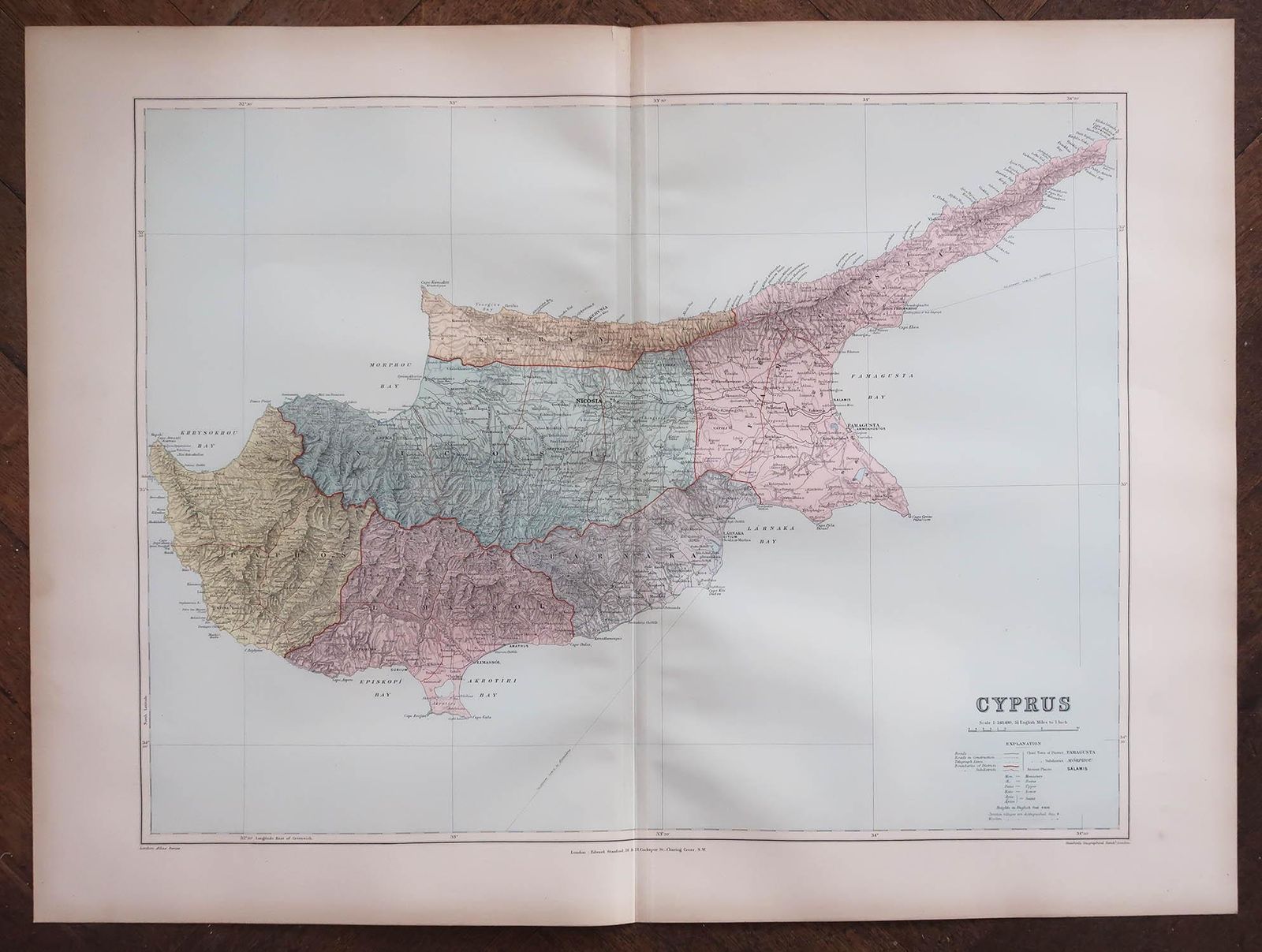Large Original Antique Map Of Cyprus. 1894 photo furniture