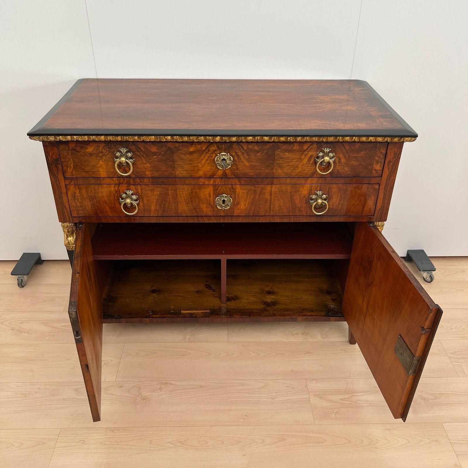 Biedermeier Chest, Walnut Veneer, Cherry, Gold Leaf, Brass, Austria Circa 1815 photo for sale