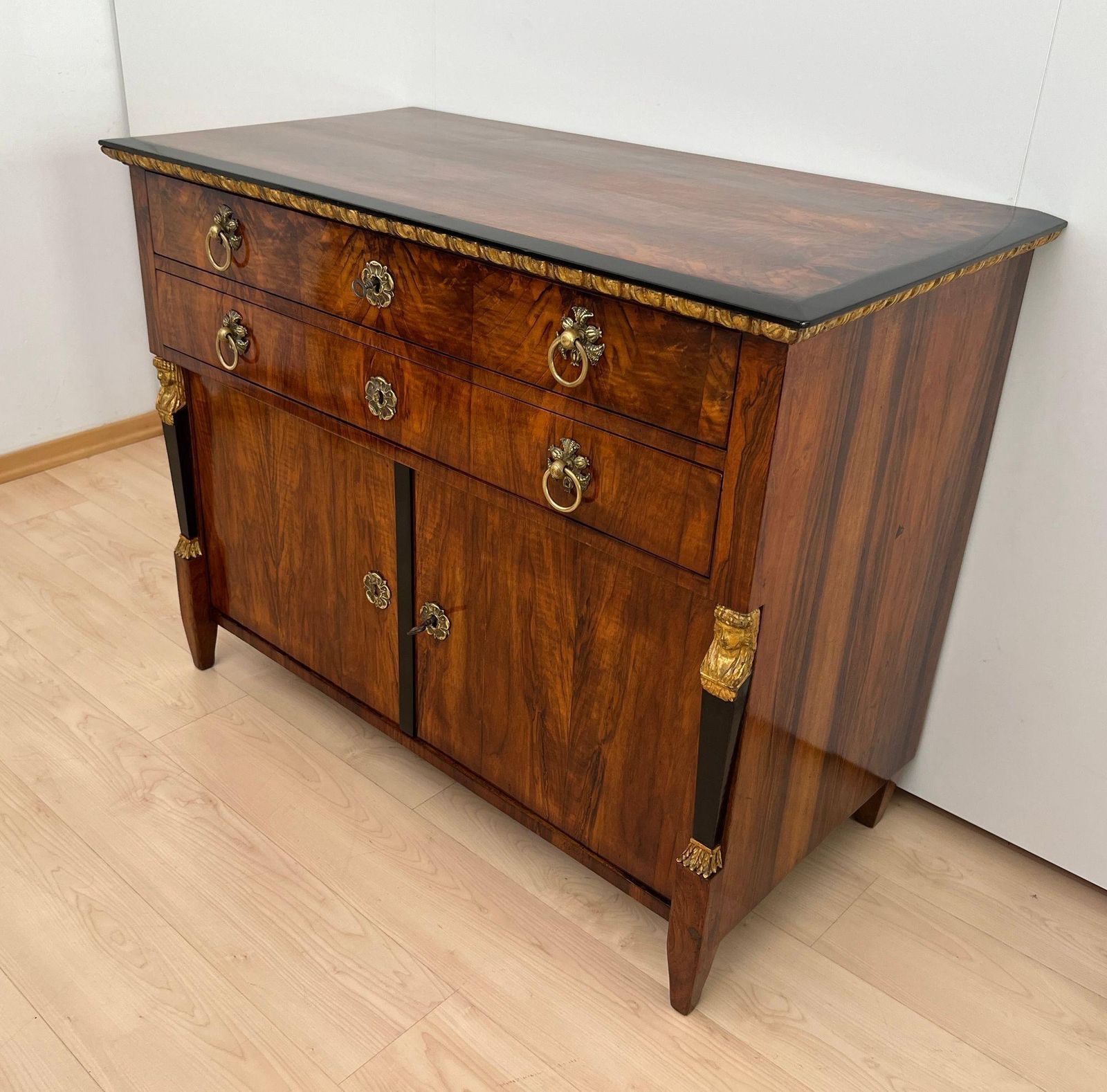 Biedermeier Chest, Walnut Veneer, Cherry, Gold Leaf, Brass, Austria Circa 1815 photo Furniture