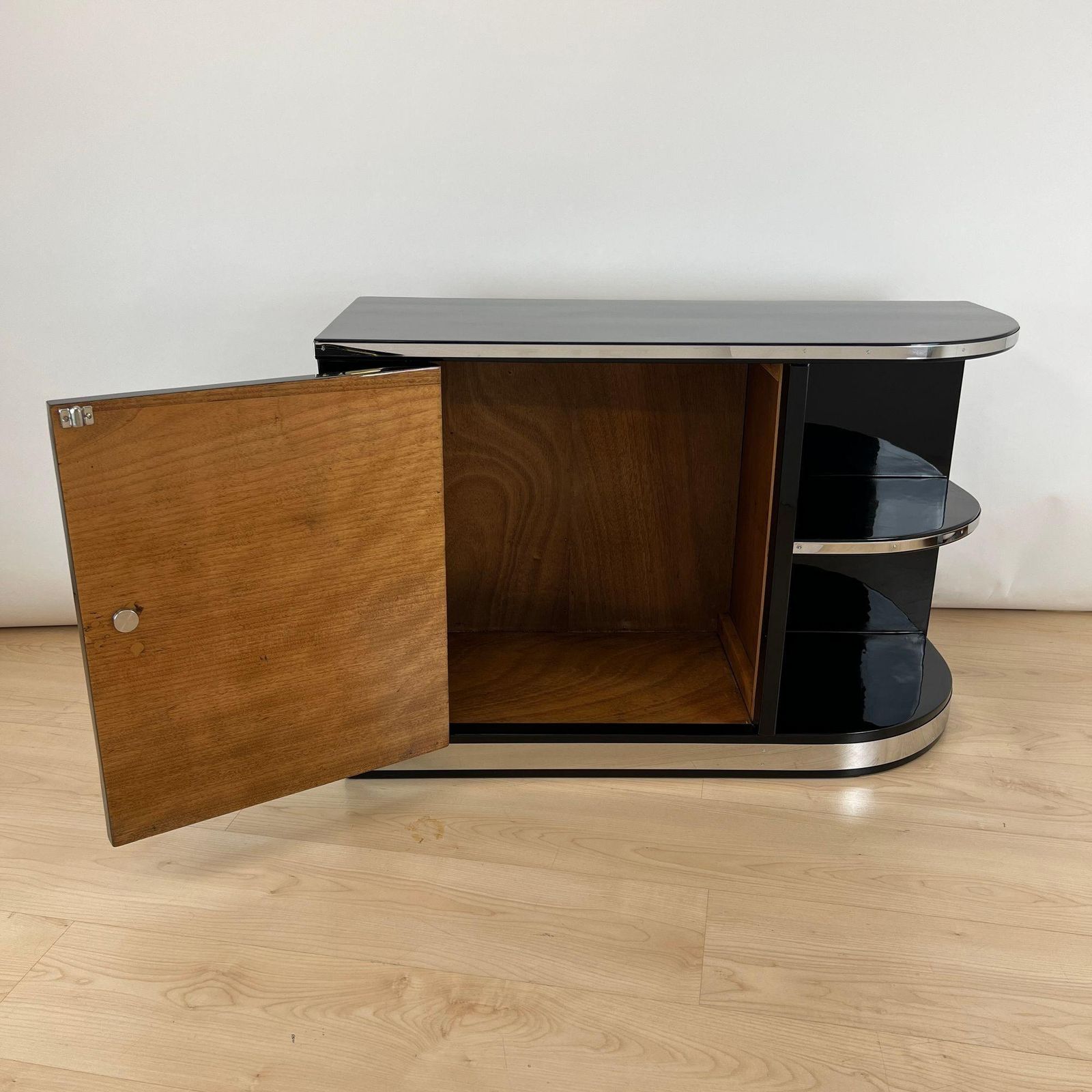 Art Deco Lowboard, Black Lacquer, Chrome Fittings, France Circa 1930 photo furniture