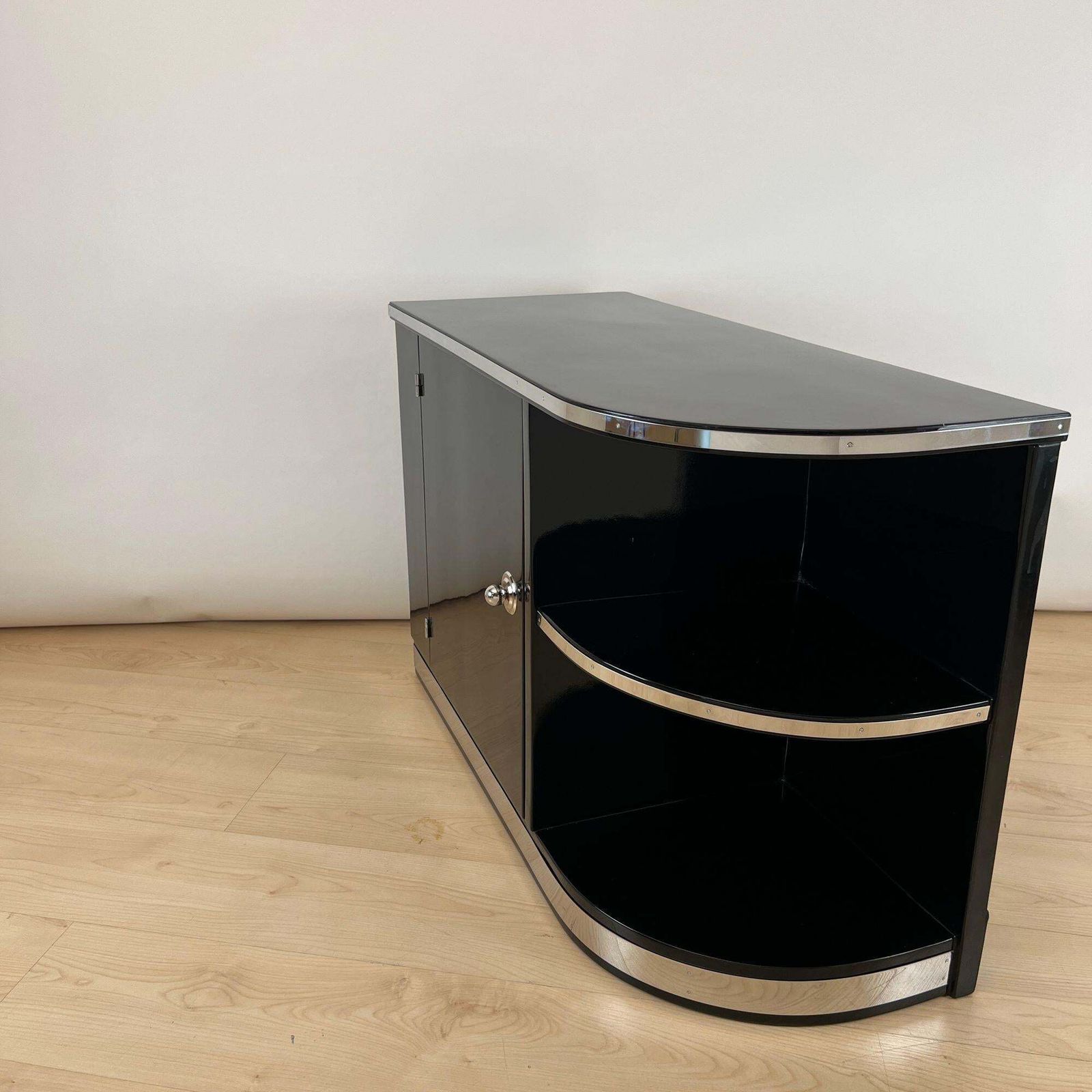 Art Deco Lowboard, Black Lacquer, Chrome Fittings, France Circa 1930 photo vinterior