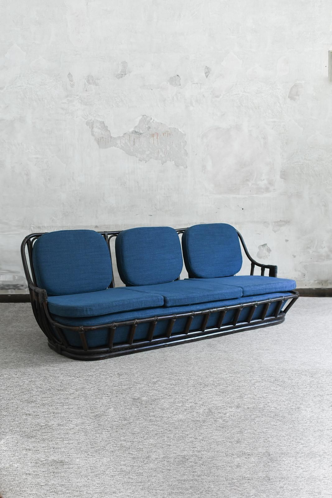 Living Room Set: Sofa + Pair Of Armchairs In Dark Finish Manao Cane, 1980s photo for sale