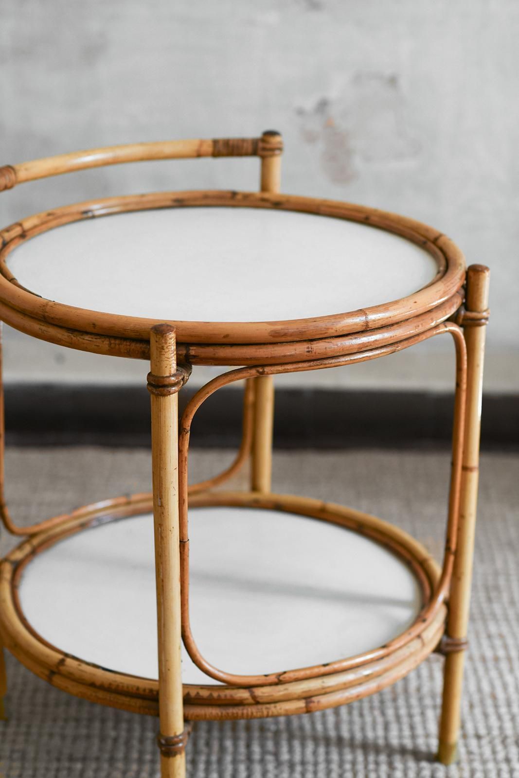 Service Table In Bamboo With White Lacquered Shelves And Brass Feet, Italy 1970 photo Furniture